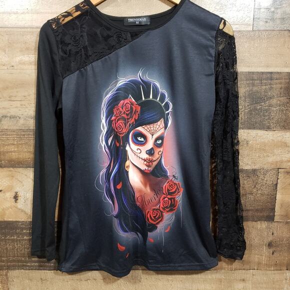 Trendimax day of the dead girl graphic one lace long sleeve shirt woman's size M - Picture 11 of 11